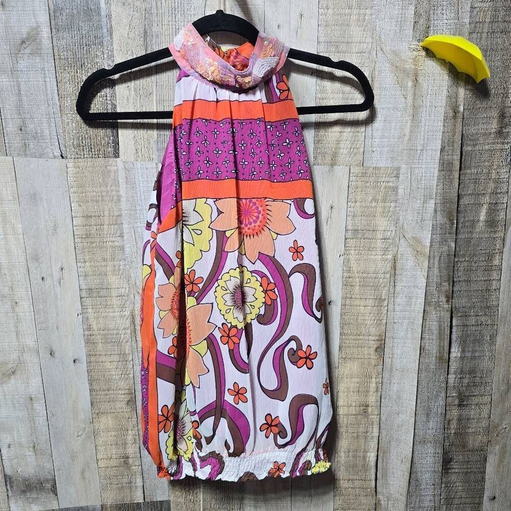 Kaelyn-Max Vintage Y2K Multicolor Beaded Halter Chiffon Blouse Retro Colorful